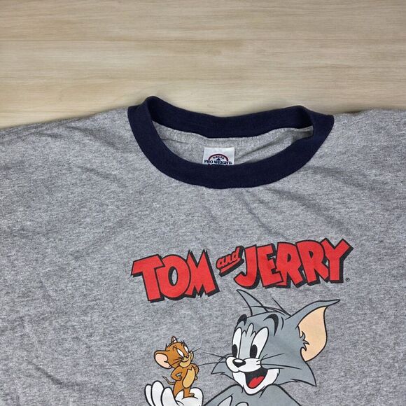 Vintage Tom and Jerry Gray Ringer Cartoon Cat & Mouse T Shirt Men's Size XL - Picture 2 of 6